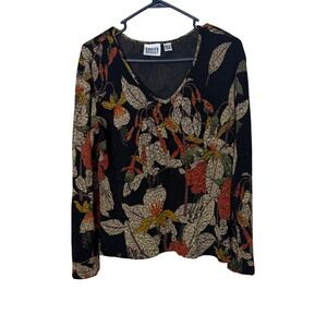 Chicos Design Womens Floral V-Neck Long Sleeve Top Black Orange Size 2 large